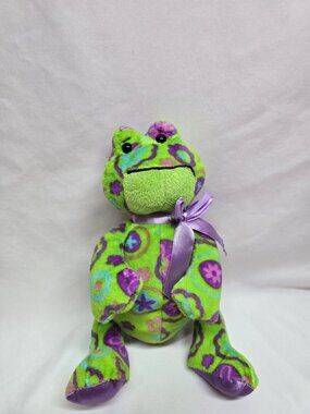 Ganz Floral Cutie Frog Plush Green Purple Flowers Satin Feet Stuffed 9”
